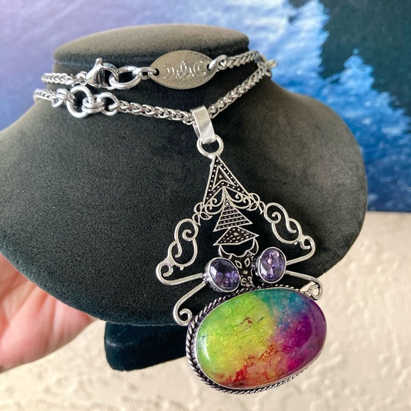 925 sterling silver overlay amethyst & Rainbow solar quartz stone charm necklace - Picture 5 of 11